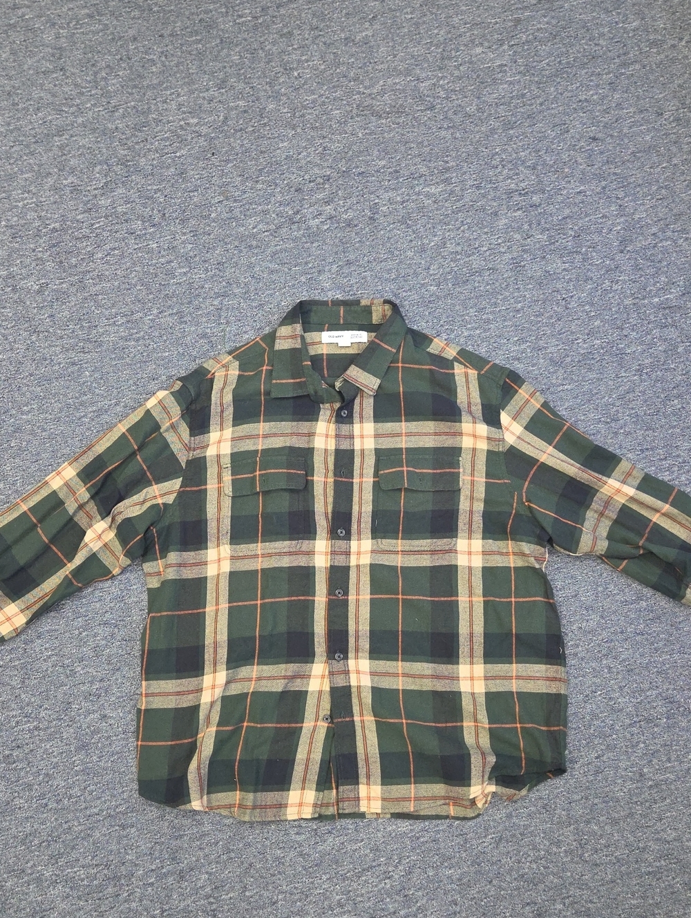 Old Navy Green Plaid Button-Down Shirt with Cream and Brown Stripes